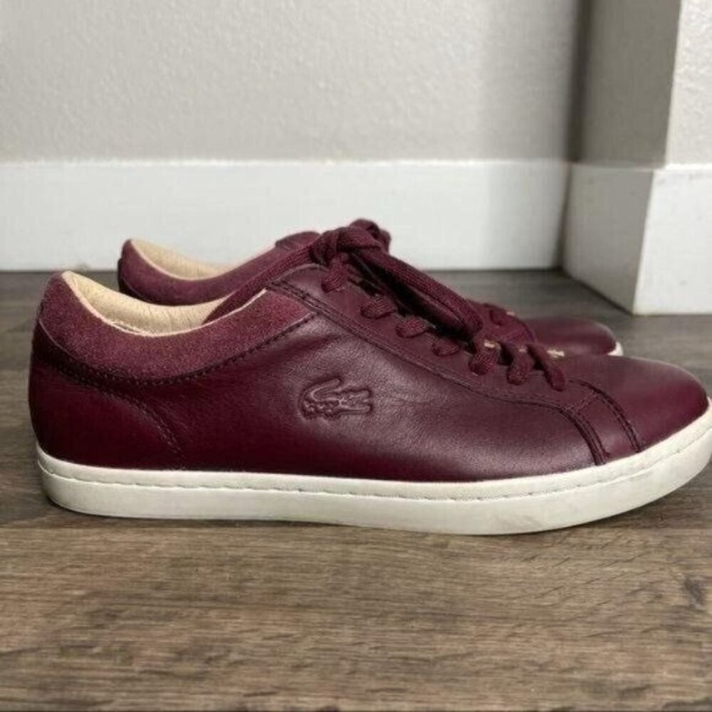 Lacoste Burgundy Woman's Sneakers Low Top Leather Sneakers Size 8 - Picture 8 of 13